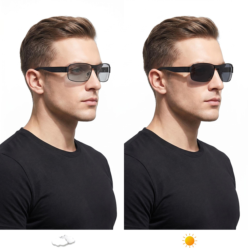 Lunettes de soleil rectangulaires photochromiques classiques pour hommes, lunettes de soleil polarisées en métal de luxe, mode masculine, extérieur, nuances de conduite caméléon
