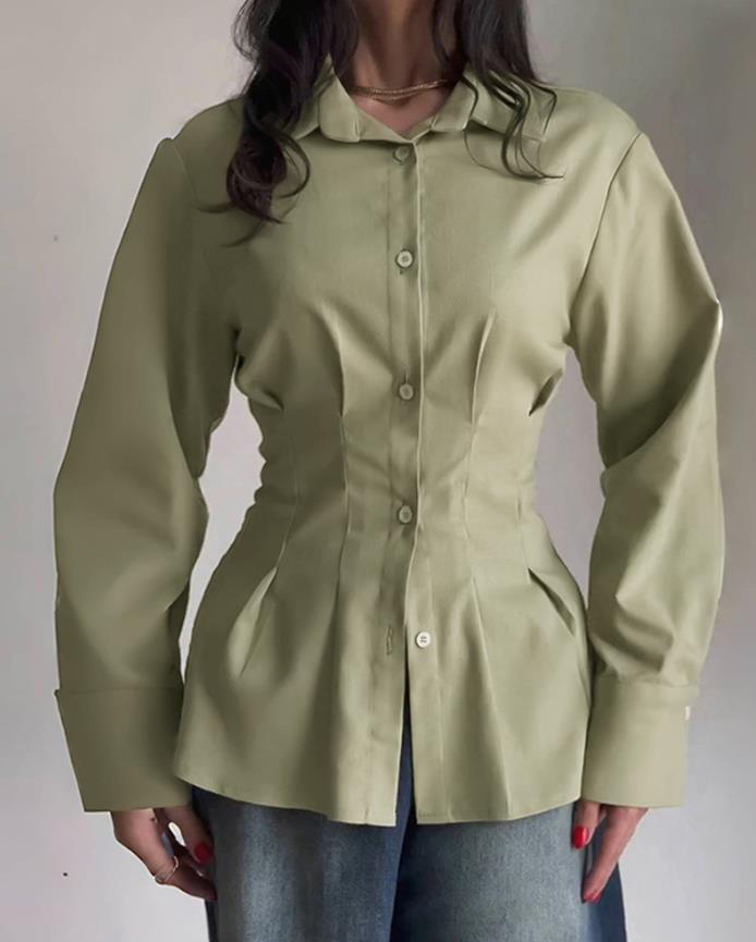 Chemise femme 2025 printemps nouveau col rabattu manches longues bouton avant chemisier décontracté dos croisé attaché détail queue de poisson chemise