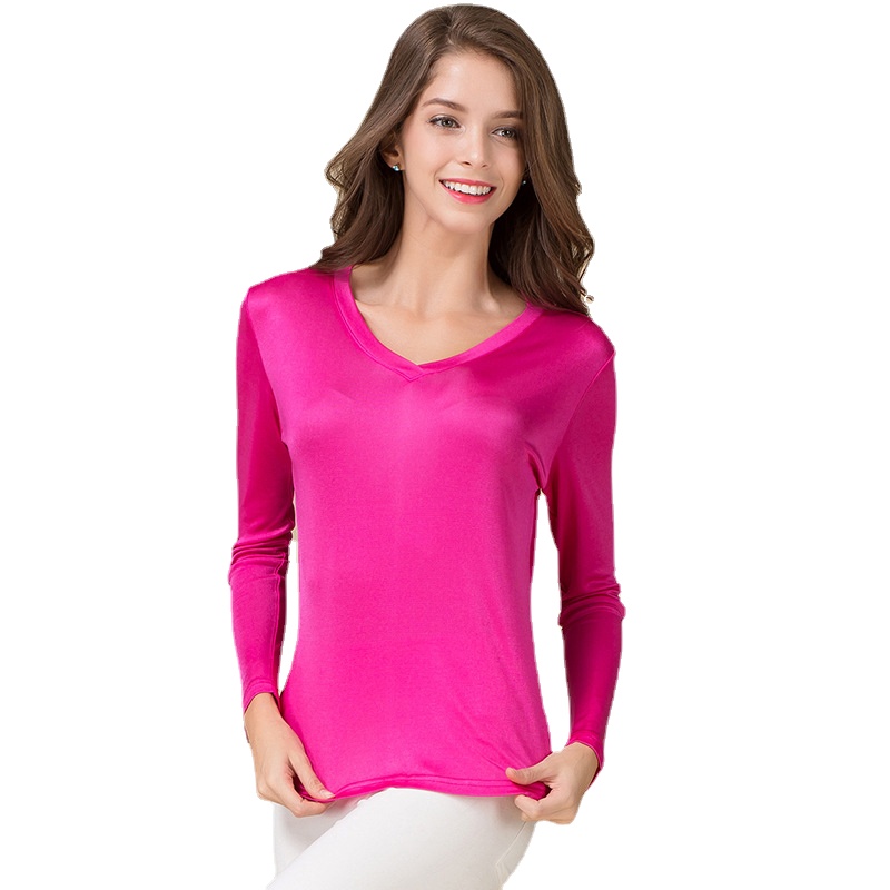 Femmes véritable soie à manches longues T-shirt décontracté tricoté chemises confortable respirant lâche T-shirts hauts T-shirts 61057