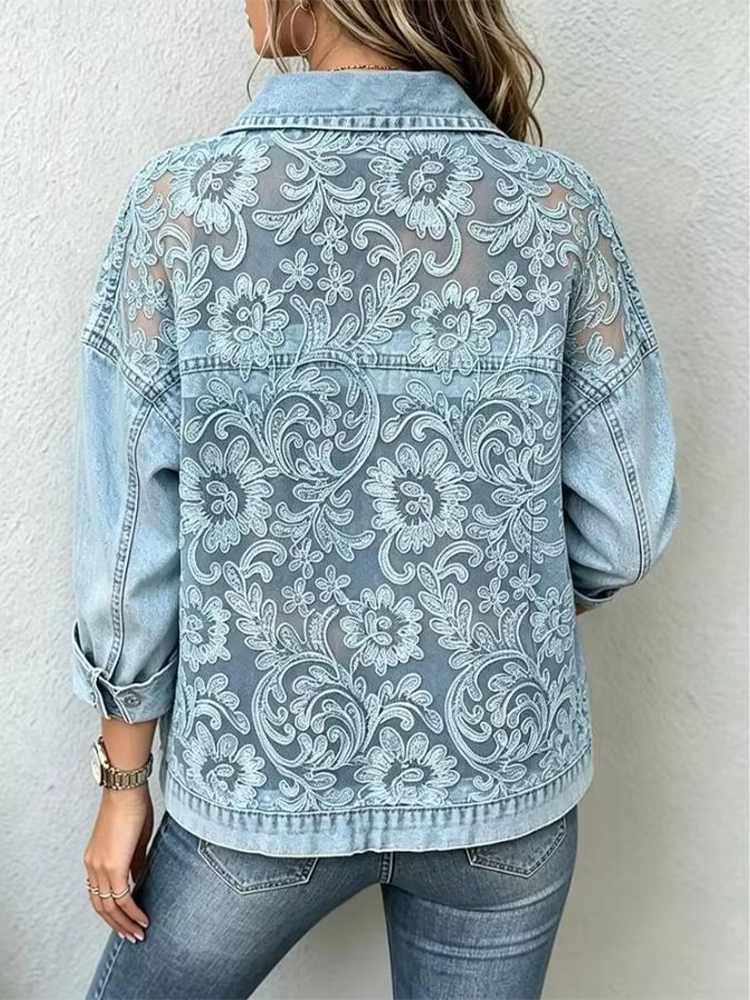 Veste en jean décontractée pour femme avec patchwork de dentelle transparente, boutonnée, coupe ample, manches longues, style streetwear tendance