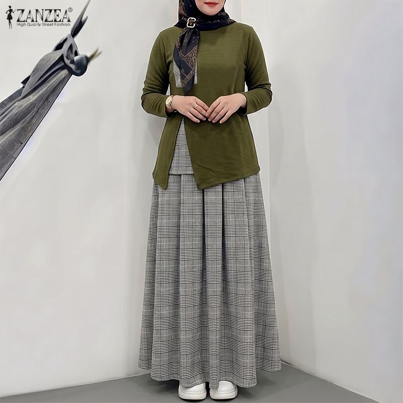 ZANZEA – tenue en patchwork à carreaux pour femmes, ensemble 2 pièces musulman, chemisier décontracté à col rond et manches longues, jupe longue trapèze, ensembles assortis