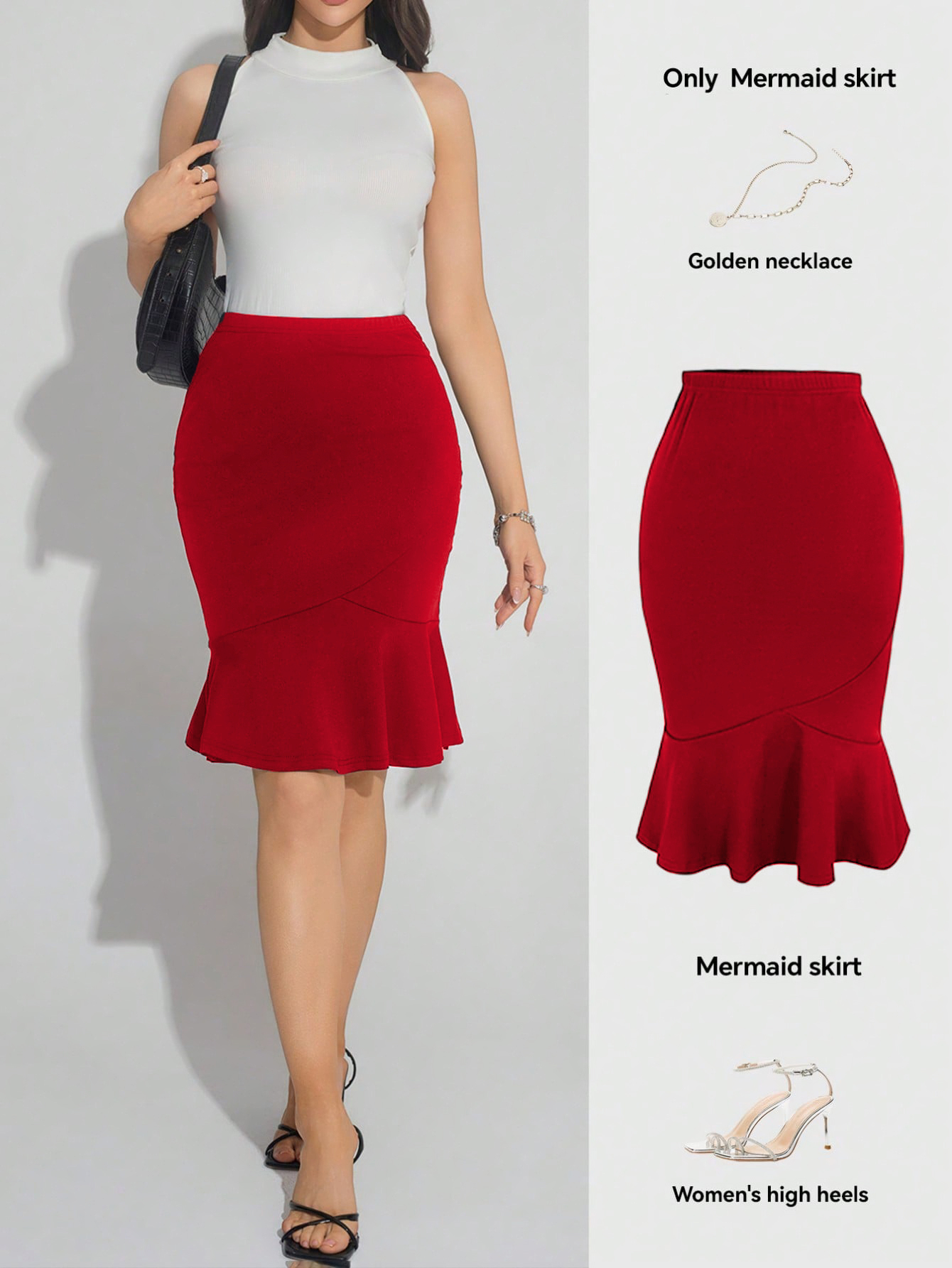 Jupe moulante rouge taille haute pour femme, jupe midi élégante pour le quotidien, printemps-automne, coupe ajustée, ourlet évasé à volants, jupe crayon sirène