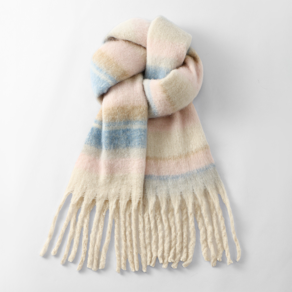 Écharpe coréenne en cachemire rayé pour femme, châle chaud et épais en Mohair, à la mode, avec pompon, Protection du cou, 200x40cm, hiver