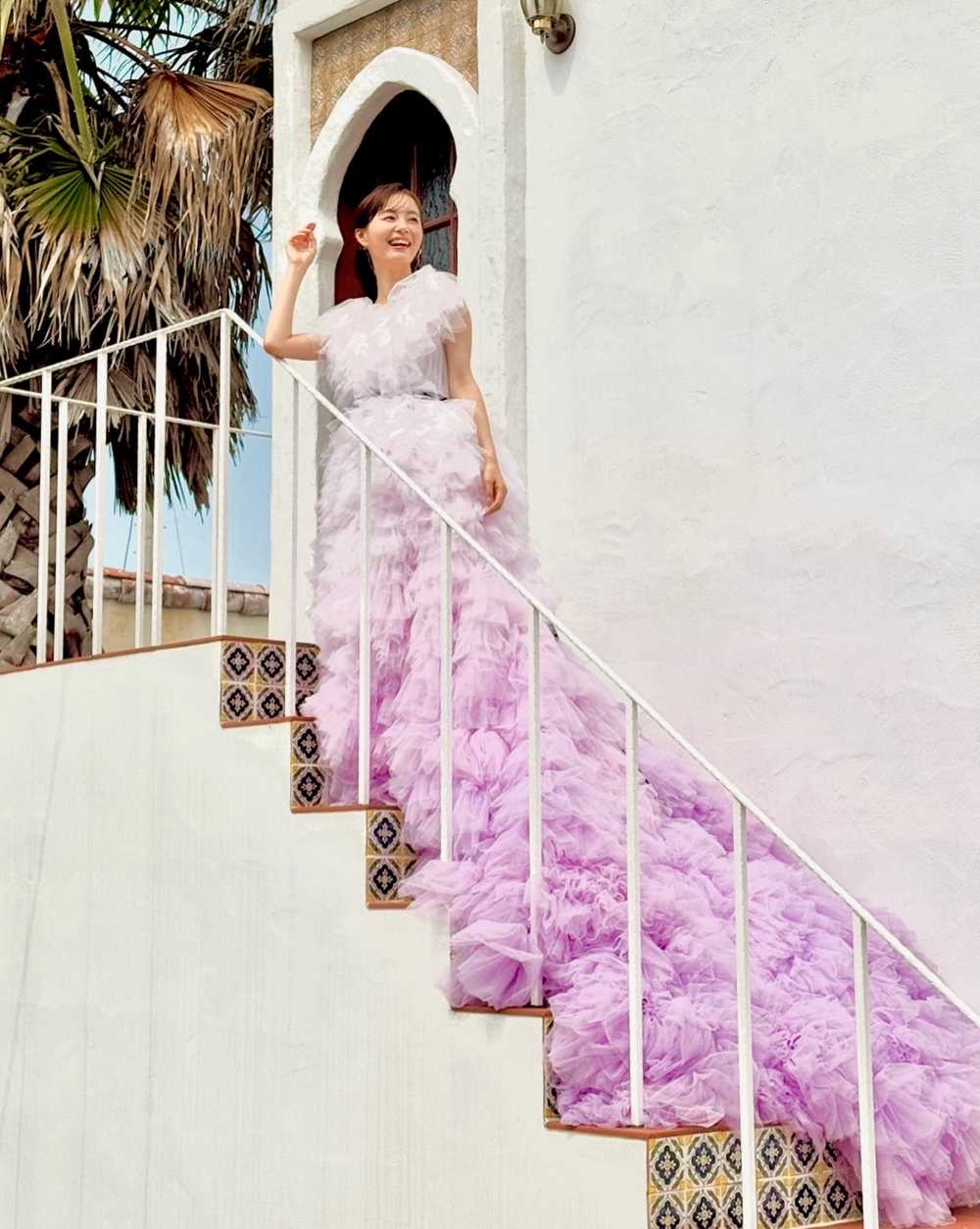 Robe de bal de luxe en tulle dégradé lavande pour femme, avec volants en maille, robe de soirée, de mariage ou de cérémonie, longue traîne, style célébrité