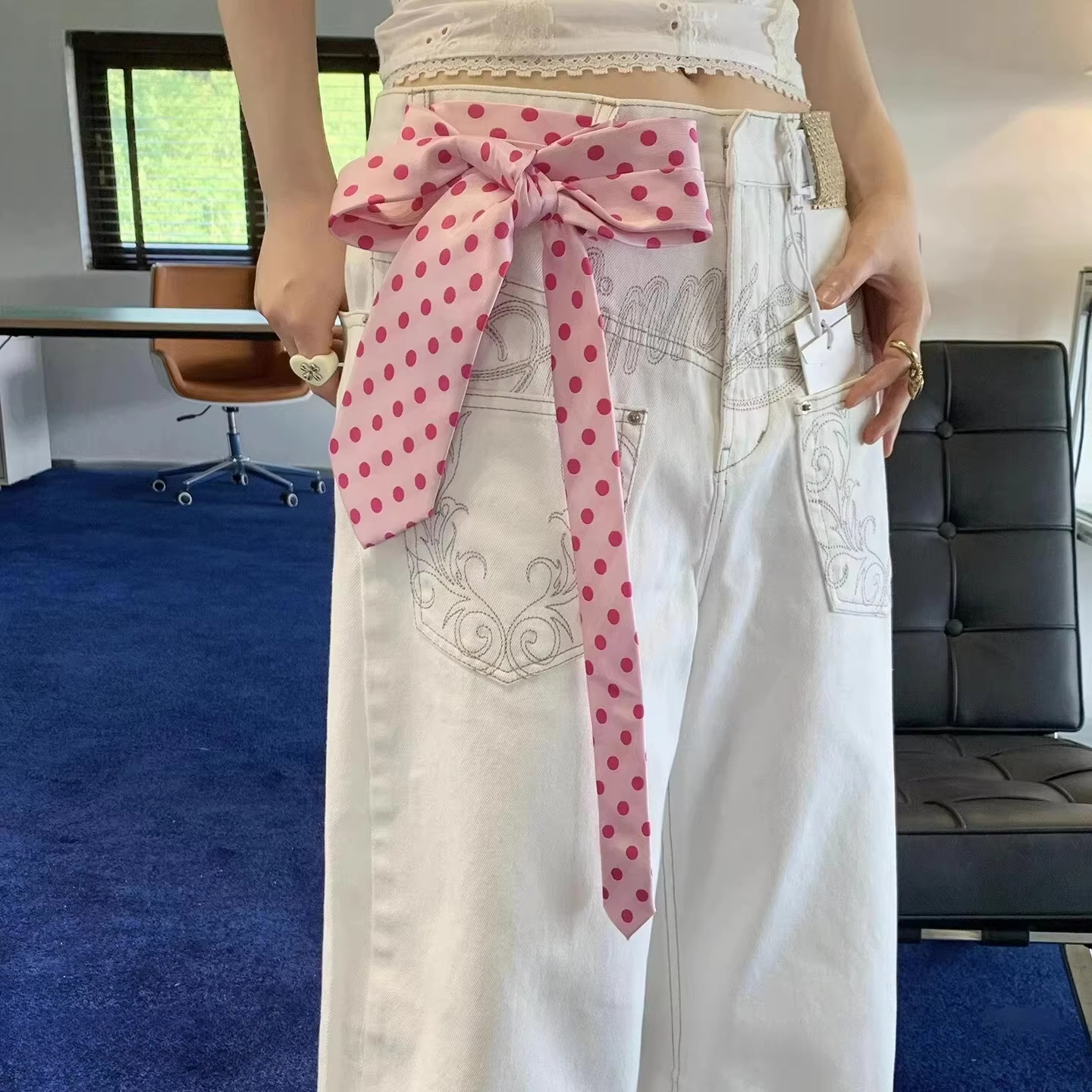 Cravates vintage pour femmes, élégantes écharpes en soie à pois, cravates brodées de style coréen, ceinture multifonctionnelle, cravate