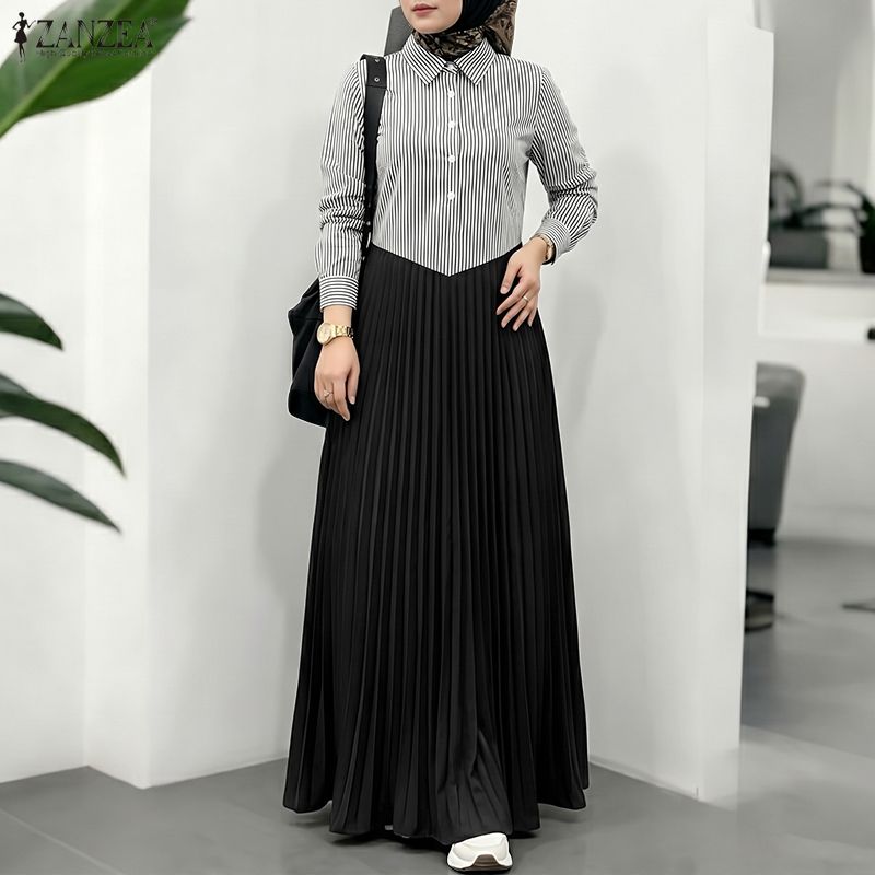 Robes Maxi Abaya Musulmanes Élégantes pour Femmes, Patchwork, ZANZEA, Robe de Ramadan, Robe Femme Casual à Manches Longues, Robe Plissée, Kaftan, Vestido