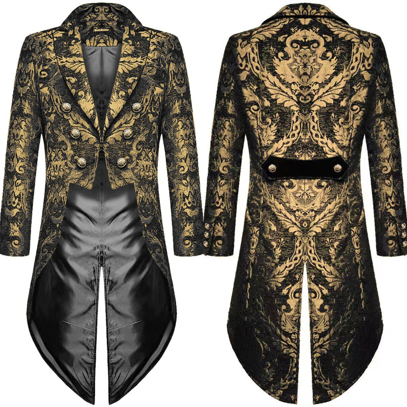 Tuxedo élégant en Jacquard doré pour hommes, manteau de queue gothique noir Vintage pour hommes, veste pour hommes de spectacle sur scène de fête de vacances, 2026