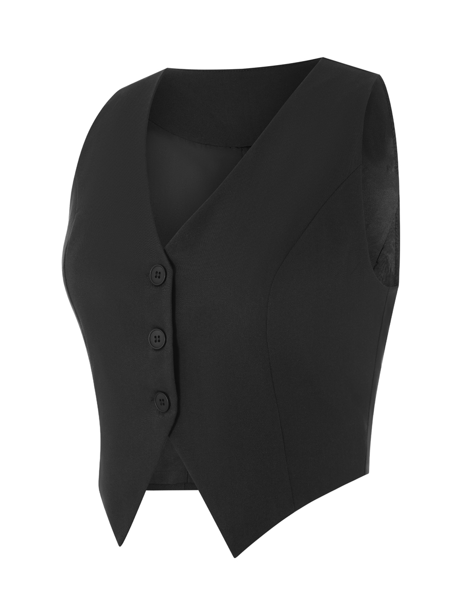 Mode femme noir gilets sans manches décontracté col en V bouton gilet formel affaires smoking chemise coupe ajustée recadrée Blazer gilets