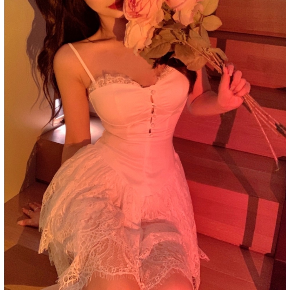Robes Sexy en maille et dentelle pour femmes, col licou, basique, simple boutonnage, sans manches, Chic, à volants, taille fine, vêtements pour femmes