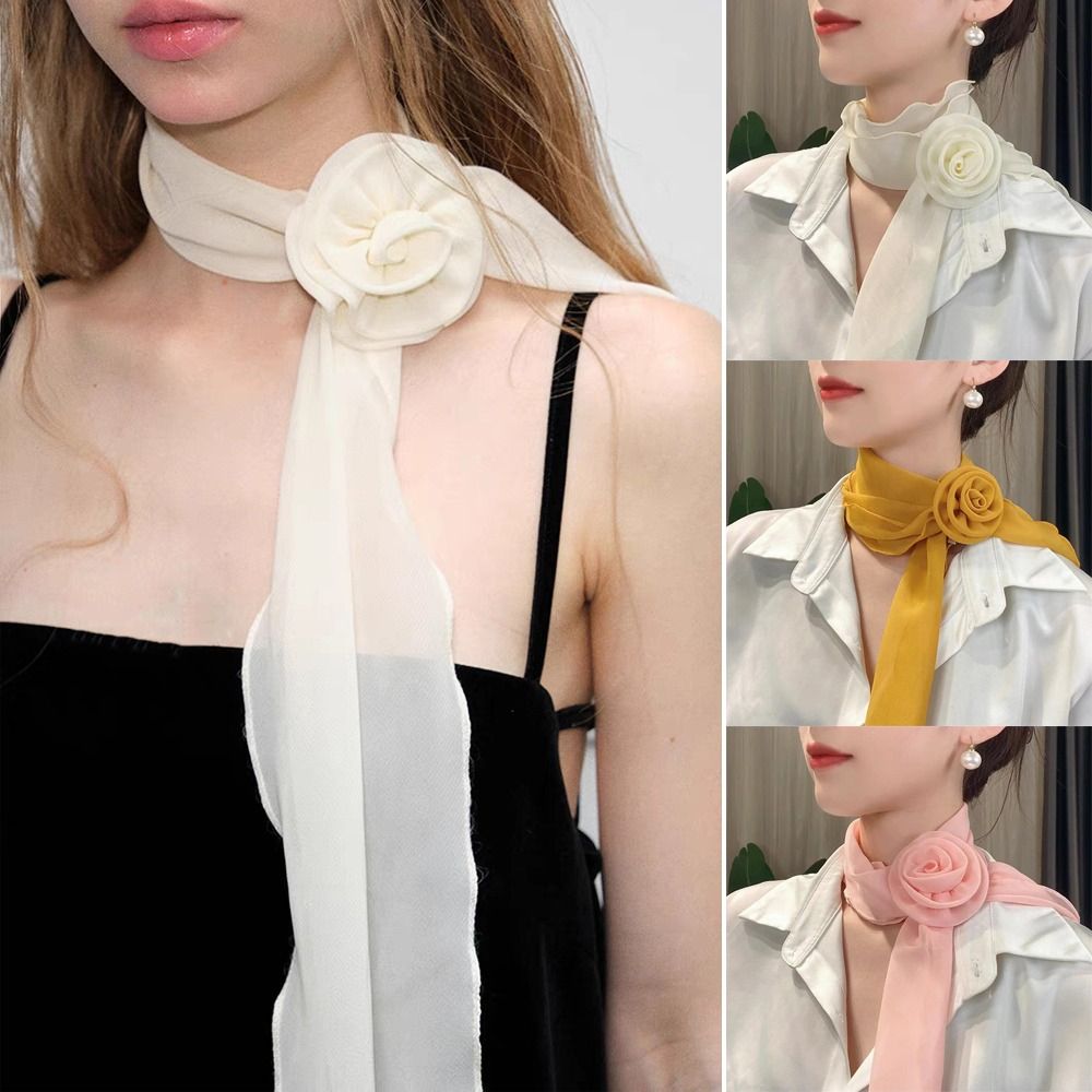 Écharpe de luxe en mousseline de soie, écharpe florale élégante et tendance, châle polyvalent, décor Rose détachable, écharpe de cou pour femmes et filles, cadeaux