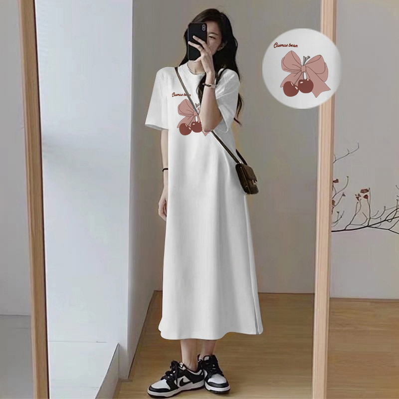 Robe longue décontractée pour femme style coréen, motif cerise et nœud mignon, coupe ample, manches courtes, col rond, pour l'été