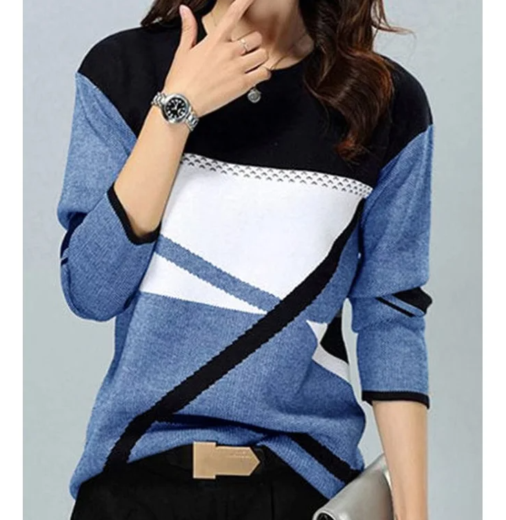 Femmes automne hiver Blouses t-shirt contraste géométrique à manches longues imprimé lâche femmes chemises printemps automne élégant montre de sport