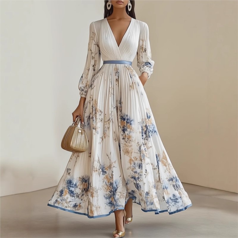 Robes longues plissées à imprimé floral pour femmes, style bohème, sexy, col en V profond, manches longues, drapées, décontractées, pour les vacances et les fêtes