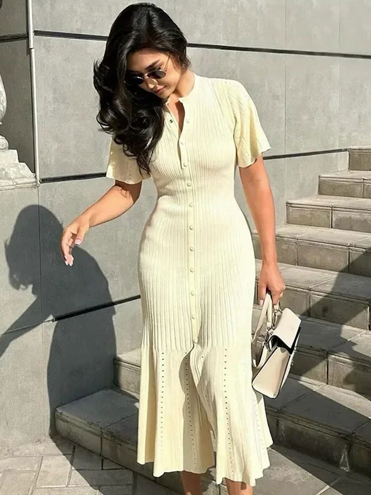 Robe mi-longue tricotée en Patchwork pour femmes, élégante, manches courtes, taille haute, décontractée, simple boutonnage, robes courbées, été, noir, Beige, nouveau