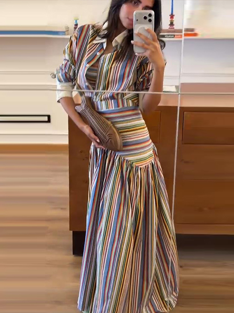 Ensemble 2 pièces mode femme : chemisier rayé multicolore boutonné et jupe longue évasée taille haute – Collection été 2026