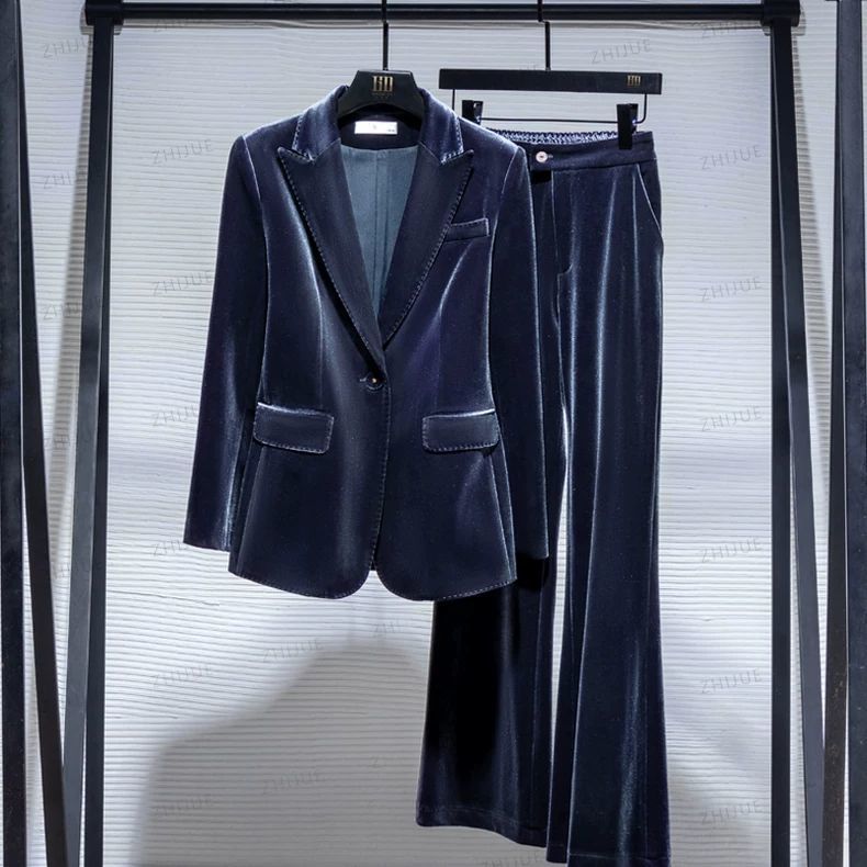 Costume en velours doré, ensemble pantalon et veste, pour femme, nouvelle collection printemps et automne 2026, veste élégante et ajustée, costume de style raffiné