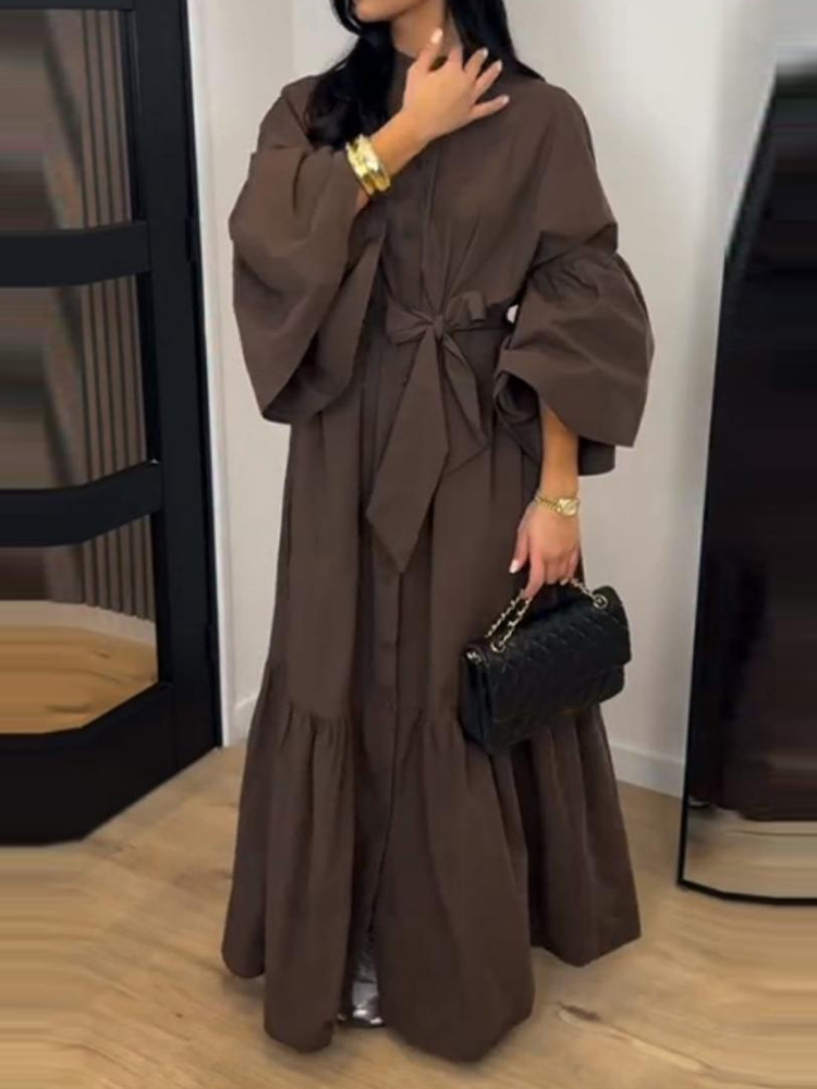 Robe longue plissée décontractée pour femme, style vintage, à manches lanternes, col rond, taille haute, avec boutons et lien, idéale pour le quotidien