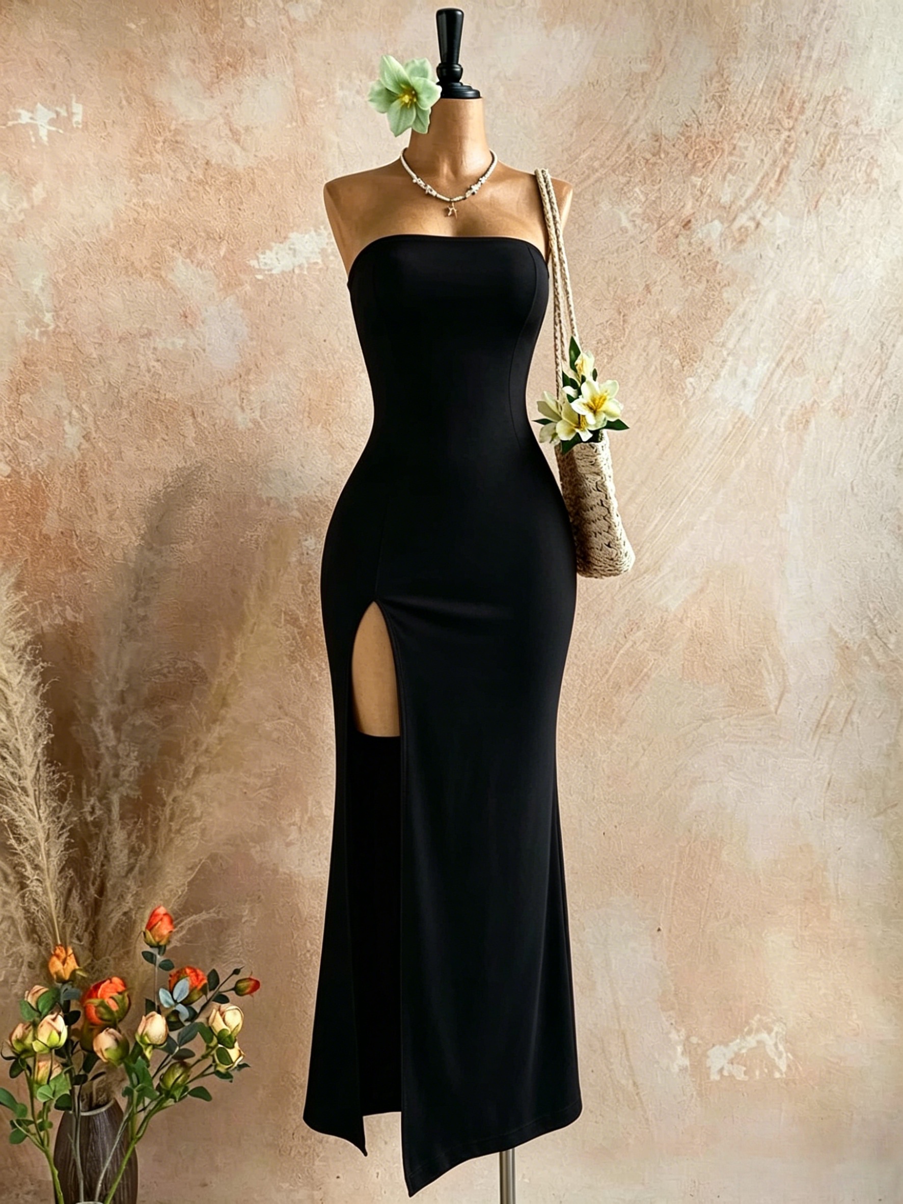 Robe longue de soirée moulante noire unie sans bretelles avec fente latérale haute pour femme