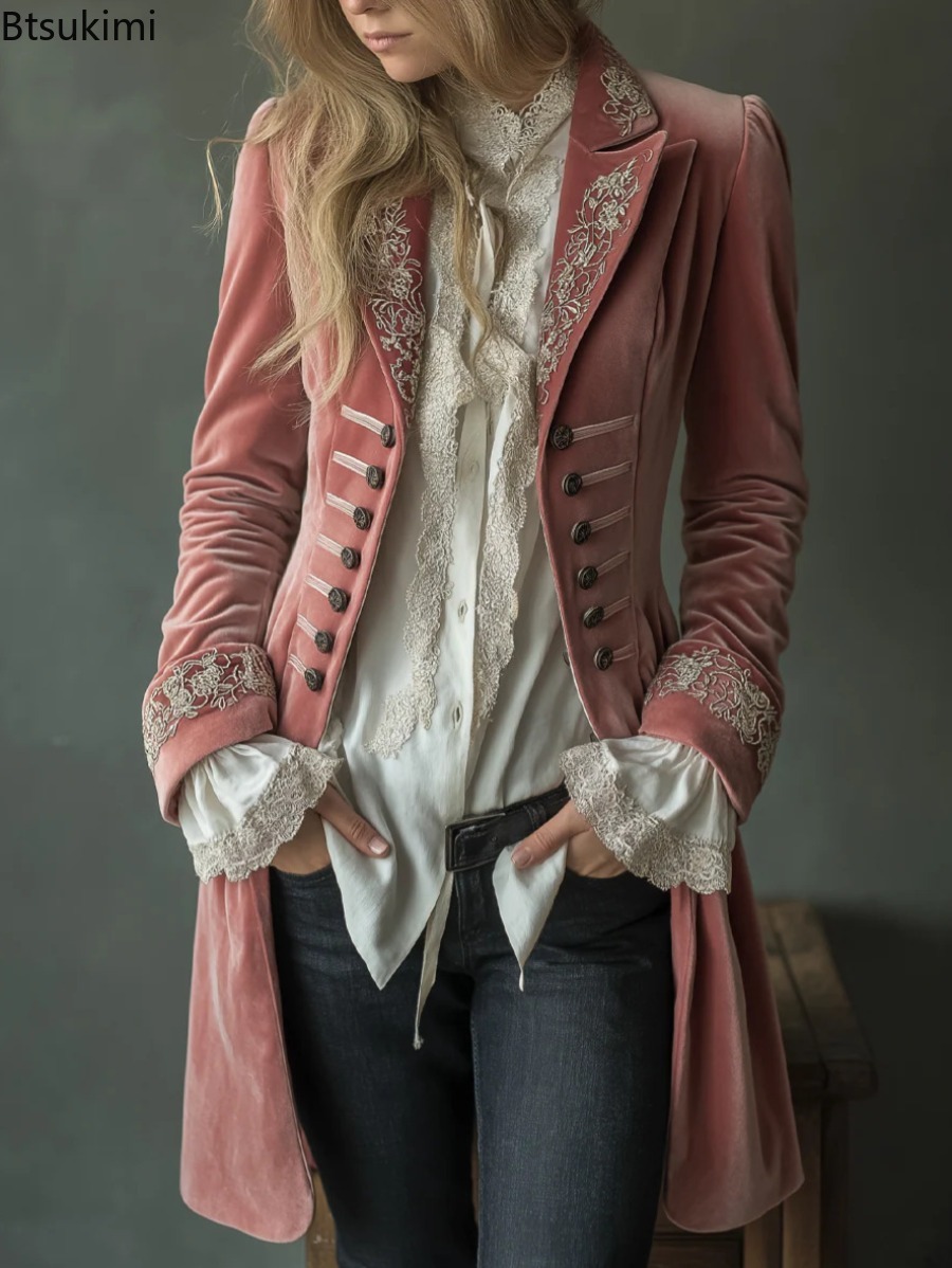 Manteau long élégant en velours pour femme, à manches longues, couleur unie, avec dentelle, revers, double boutonnage, taille mi-haute élastique, automne-hiver