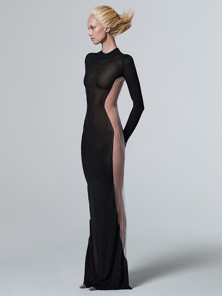 Robe transparente noire pour femme, pull long tambour, vêtements slim, streetwear sexy, patchwork en maille, robe éducative, automne
