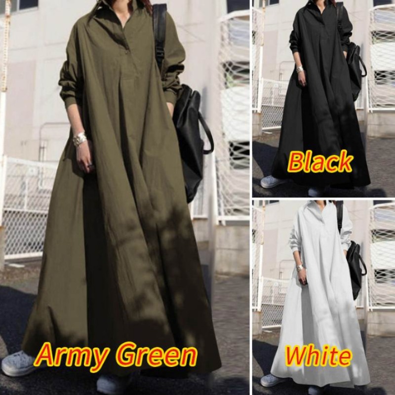Autumn Spring Women Loose Long Sleeve Dress Cotton Linen Retro Ethnic Big Swing Muslim Abaya Elegant Eid Kaftan Plus Size S-5XL
