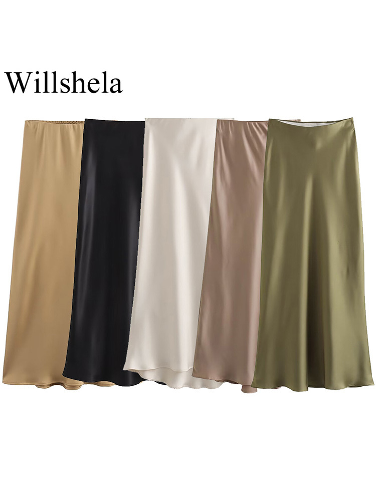 Willshela femmes mode Satin solide plissé jupe Midi Vintage taille mi élastique femme Chic dame jupes