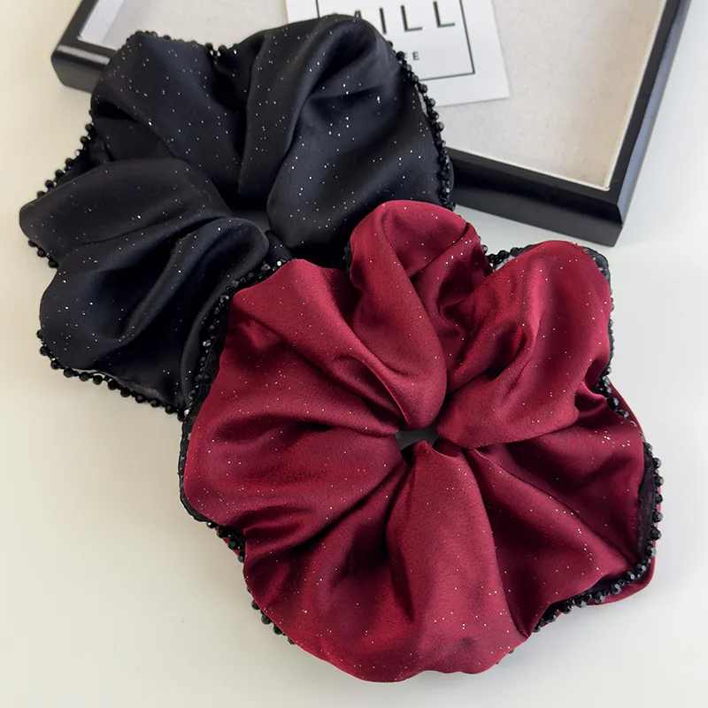 Chouchous en Satin brillant pour cheveux, étoile rétro, surdimensionné, perles en dentelle, bandeaux pour femmes, corde de tête élégante, cravate pour cheveux, accessoires de fête pour dames