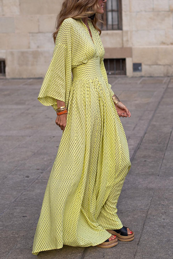 Vintage Boho femmes tenue décontractée printemps automne mode col en v Lantem manches plis taille ample Maxi robes de rue pour les femmes