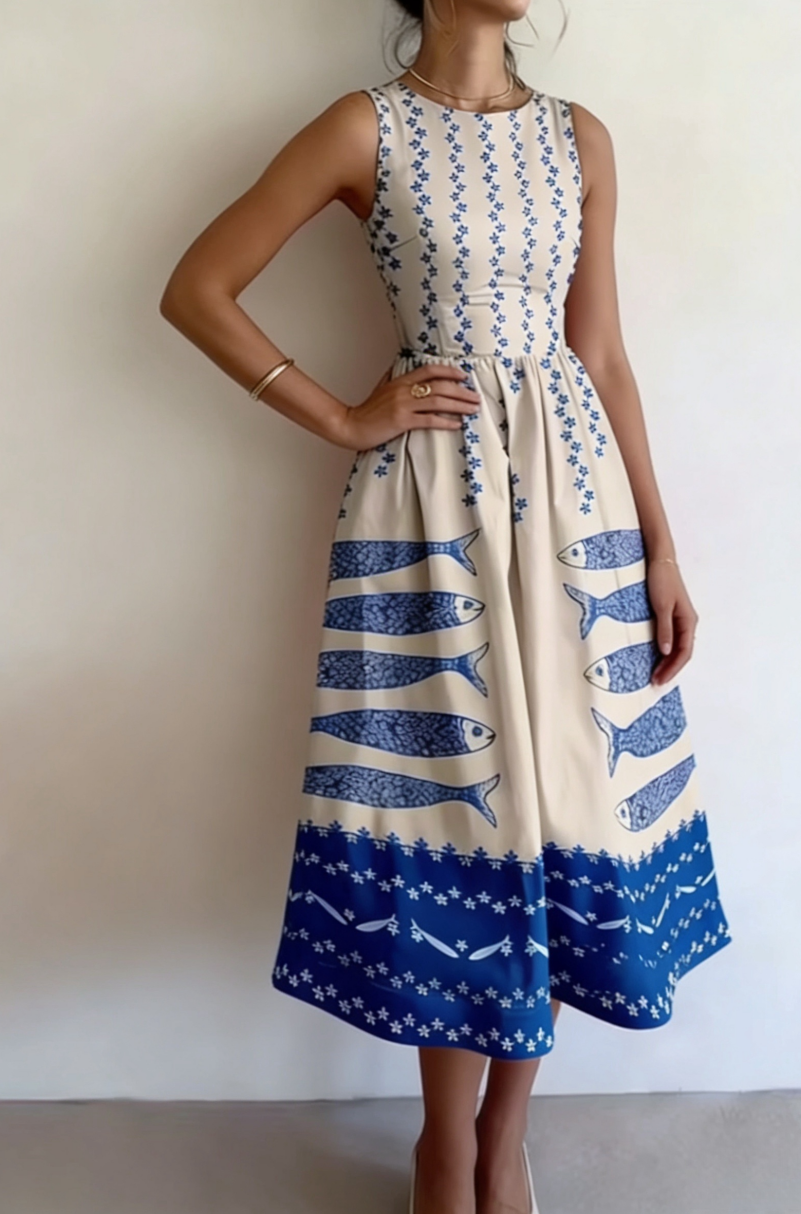 Nouvelle robe d'été pour femme, motif poisson, bleu et blanc, col rond, sans manches, coupe évasée cintrée à la taille, style décontracté de villégiature, idéale pour les vacances à la plage, le quotidien, les fêtes et les sorties estivales