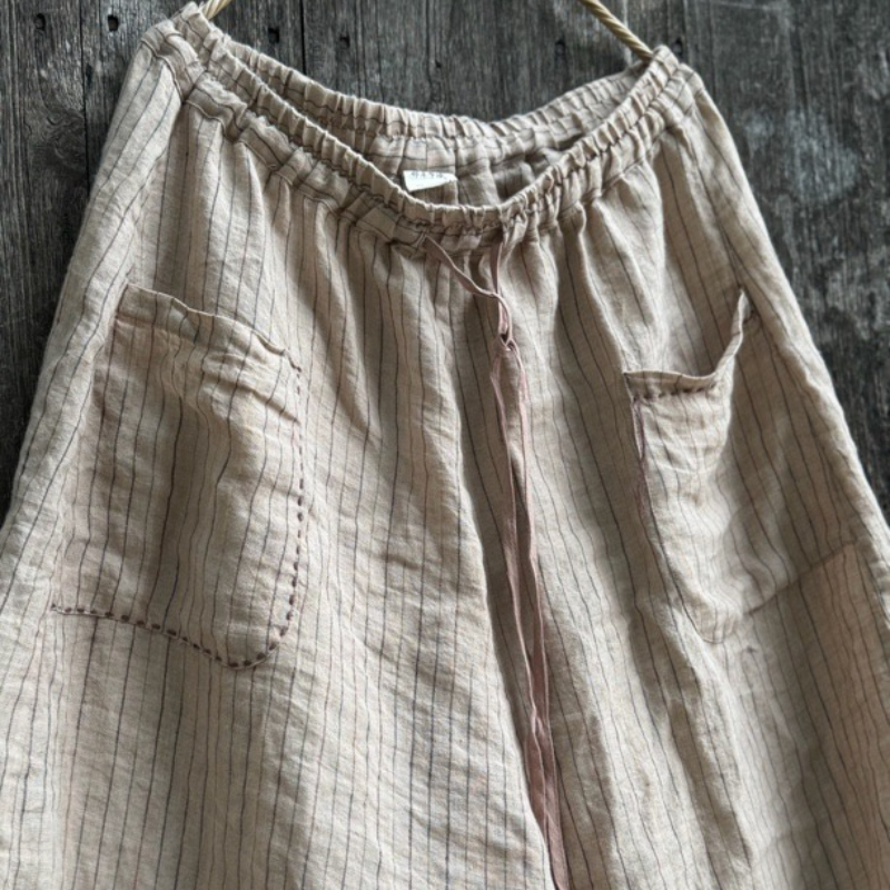 Pantalon en lin rayé pour femme, jambes larges, Style Vintage, ample, poches, respirant, vêtements décontractés, automne 2025
