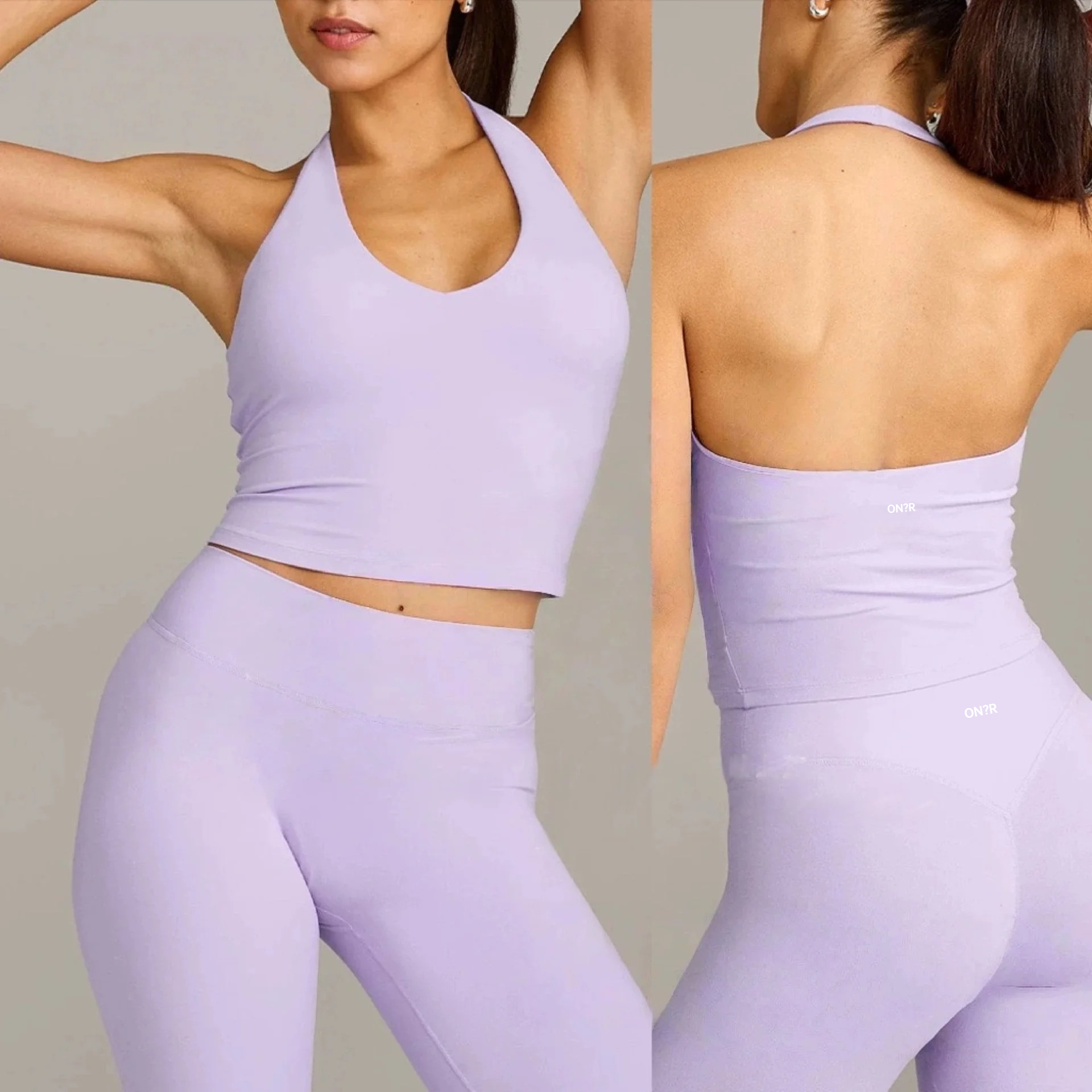 Ensemble Athlétique Assorti : Crop Top Sportif Halter Col V Dos Nu et Pantalon Taille Haute Ample Respirant Extensible pour Gym, Yoga et Fitness