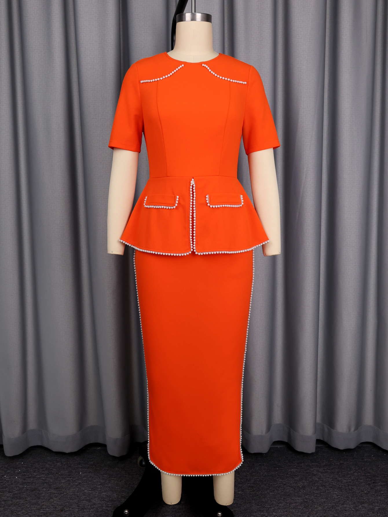 Robes de cérémonie élégantes pour femmes, col rabattu, manches mi-longues, ornées de perles et de chaînes, style péplum, coupe ajustée, pour le bureau, les mariages et les fêtes
