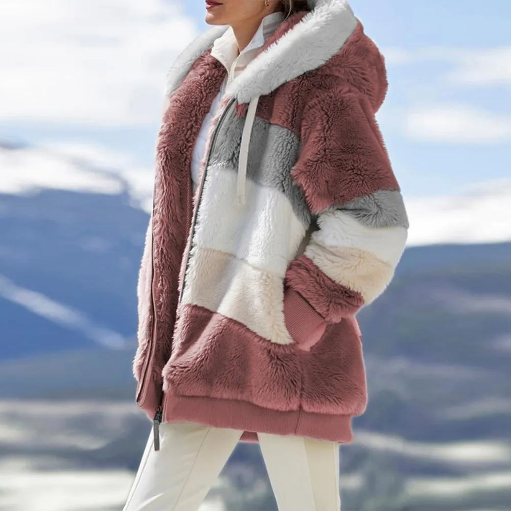 Manteau d'hiver tendance pour femme 2026 – Veste à capuche zippée pour femme, épaisse en cachemire, avec empiècements et motifs écossais