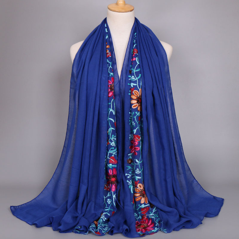 Foulard en Viscose brodé pour femme, châle en coton, point uni, fleur bleu marine, Hijab musulman, mode automne 2026