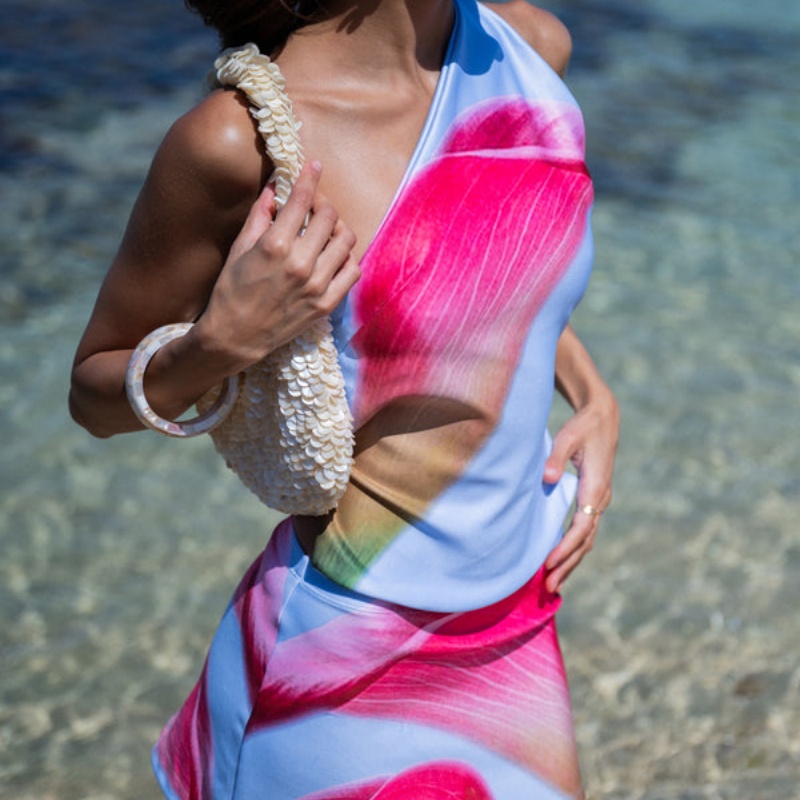 Tenues d'été pour femmes, imprimé floral abstrait, débardeur asymétrique épaule dénudée + Mini jupe moulante, ensemble vêtements de fête