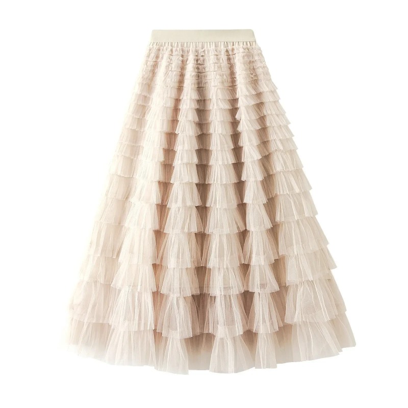 Jupe en maille à volants multicouches pour femmes, jupe longue en tulle, taille haute, vêtements de fête, monochromatique, bohème, printemps, été, salle de bain