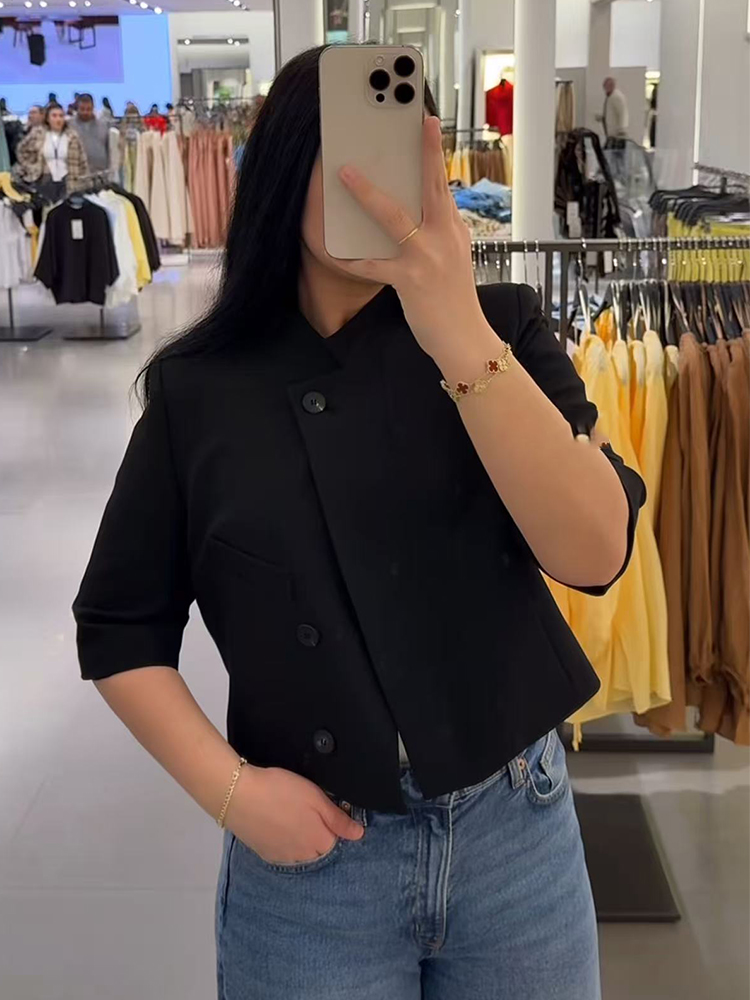 Veste Courte Unie pour Femme, Manteau Chic et Décontracté à Col Semi-Montant et Manches Courtes, Idéal pour le Printemps