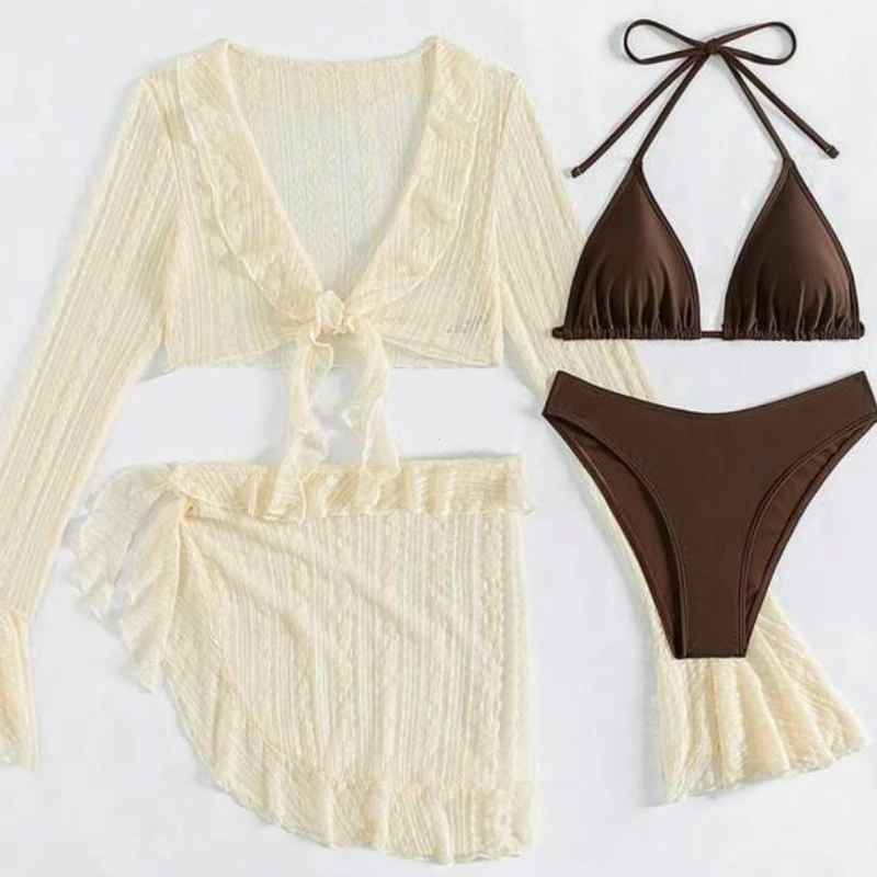 2025 femmes maillot de bain à manches longues couvrir maillots de bain Sexy quatre pièces été solide Bikini ensemble brésilien maillots de bain fête maillot de bain