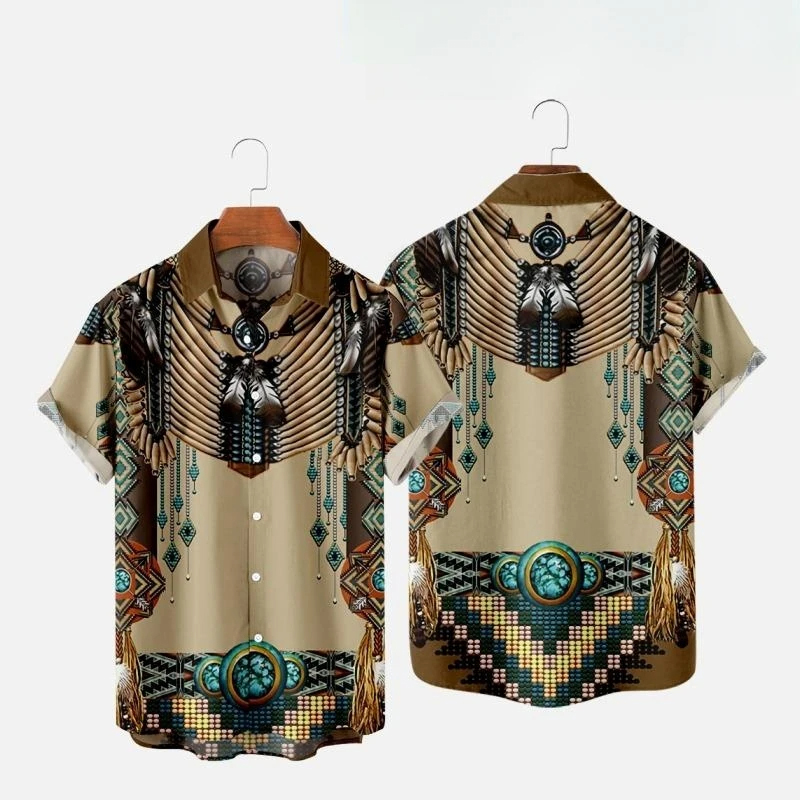 Chemises de plage imprimées en 3D pour hommes et femmes, style ethnique indien, streetwear vintage, chemise à manches courtes, chemisier en Y, vêtements pour hommes, mode