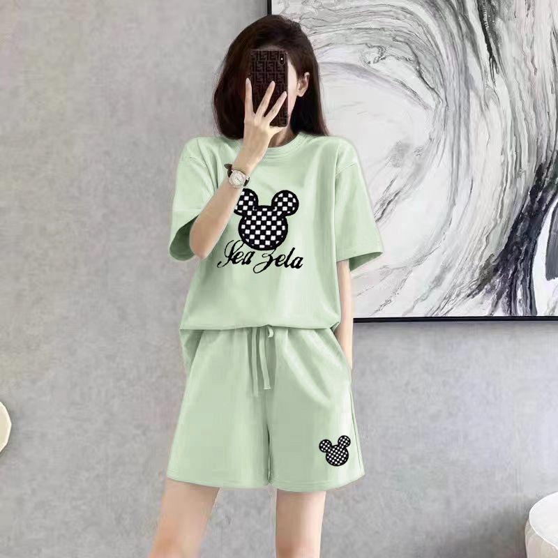 Mode apparaître mince été costume décontracté femmes simplicité bureau dame dessin animé couleur unie coréen à manches courtes Shorts deux pièces ensemble