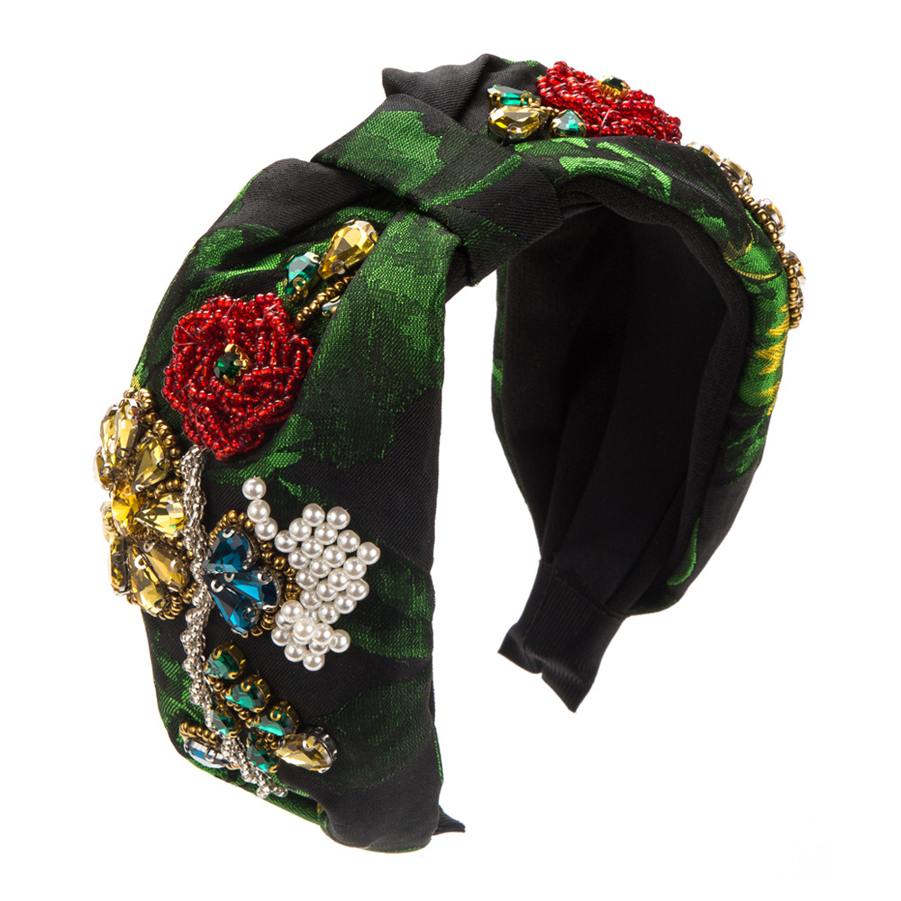Bandeau à large bord en tissu baroque pour femme, diamant, cristal, fleur, perle, accessoires pour cheveux, style européen et américain, tendance