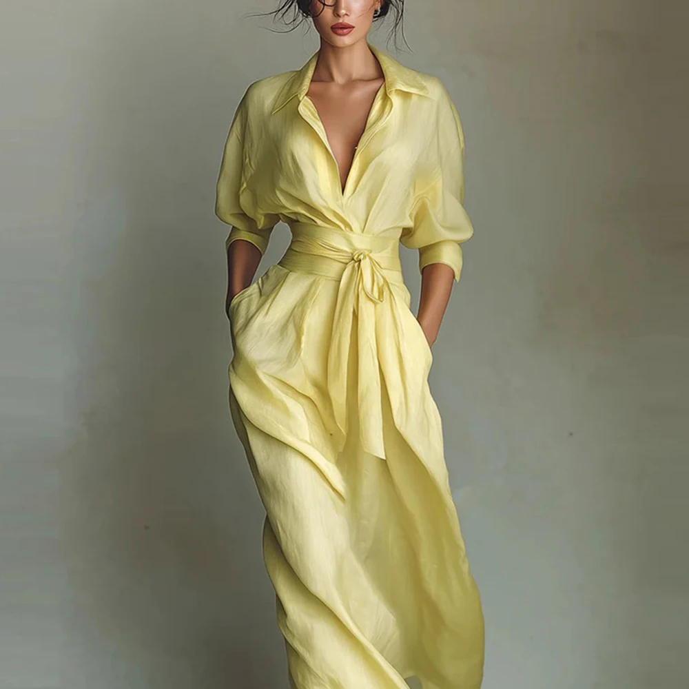 Nouvelle Robe Longue Bohème Élégante à Lacets Taille Haute pour Femme, Col Rabattu, Robe de Soirée Printemps, Manches 3/4, Poches, Robe Maxi de Vacances