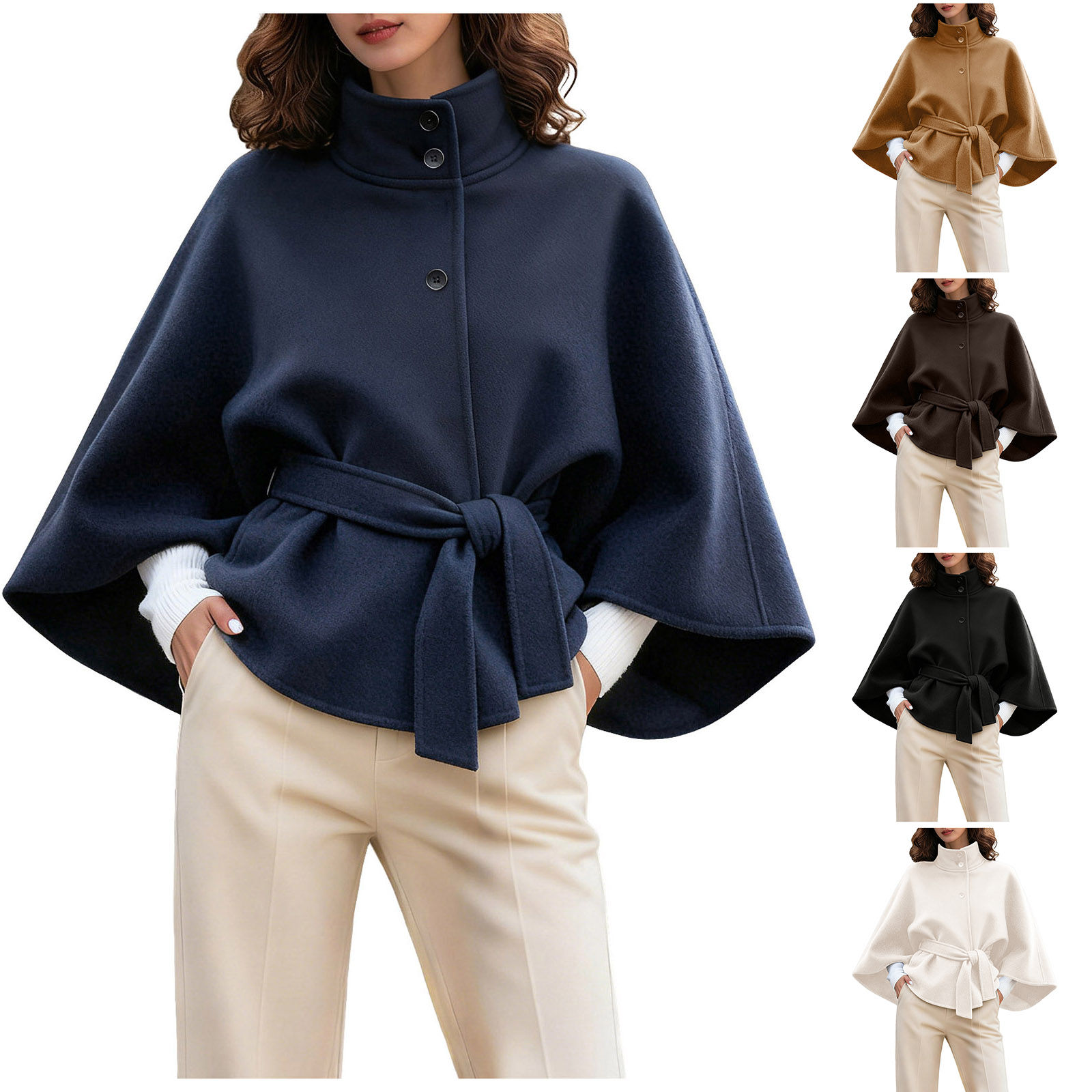 Manteaux Cape à lacets pour femmes, vestes à col haut avec ceinture, manteaux en fausse laine mélanges, automne hiver, manteau élégant, pardessus court, nouvelle collection 2026