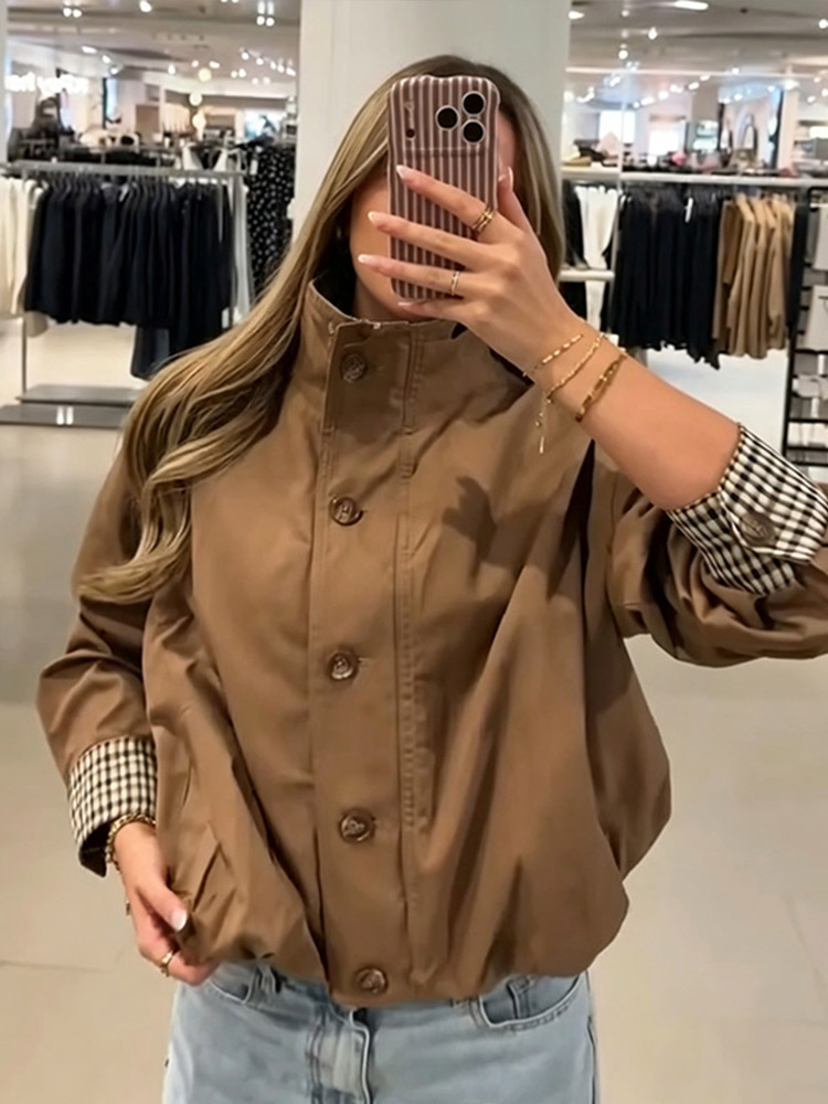 Manteau décontracté patchwork pour femme, élégant, à manches longues, col montant, plissé, vêtement d'extérieur féminin, mode automne-hiver 2026, streetwear pour femme
