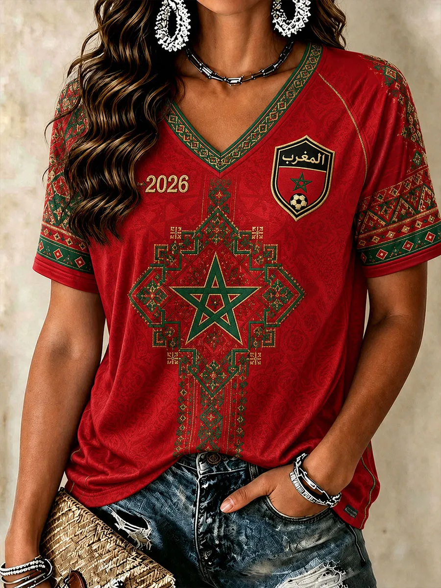 T-shirts de football marocains pour femmes, col en V, t-shirt culturel sur le thème du football