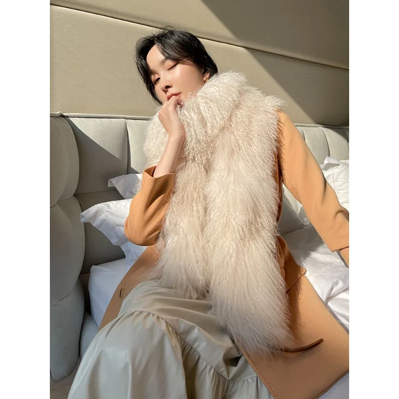 Écharpe en vraie fourrure de mongolie pour femme, épaisse, longue et chaude, en fourrure du Tibet, moelleuse, de luxe, à la mode, hiver 2023