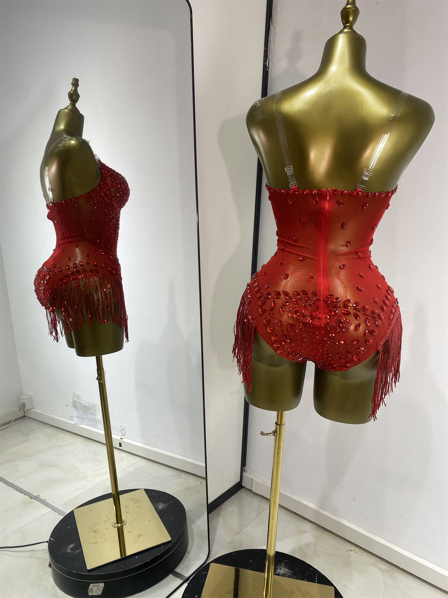Robe Burlesque pour femmes, rouge, brillante, avec strass, franges, maille transparente, combinaison pour soirée, club, bar, spectacle pour adultes