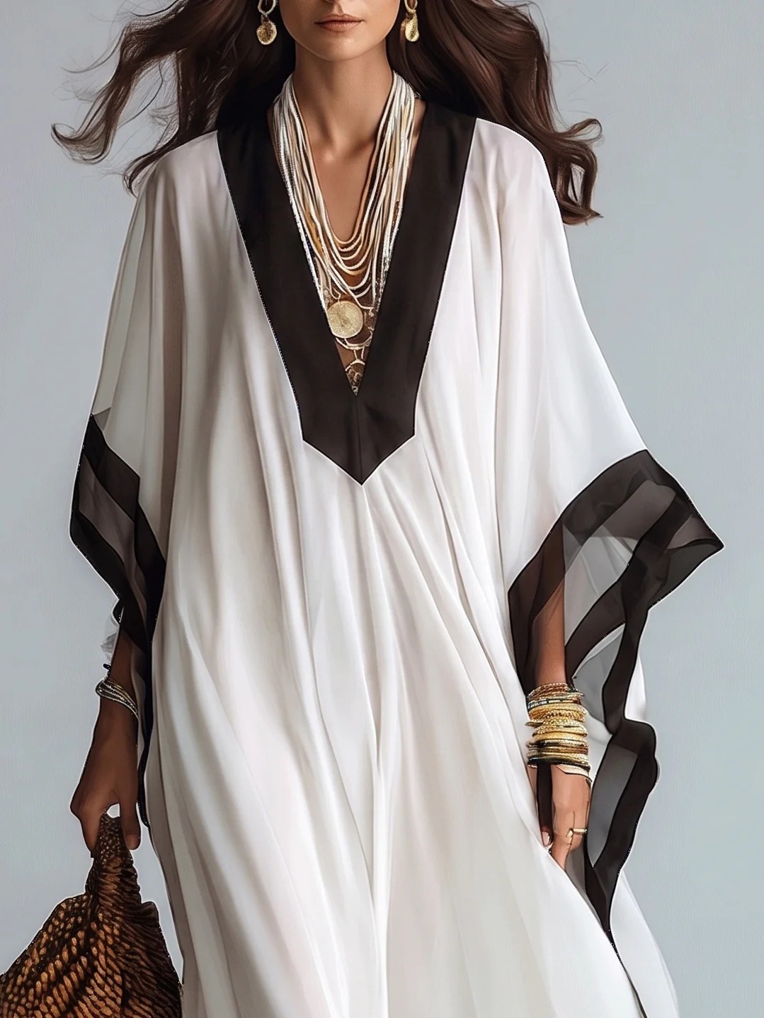 Robe longue kaftan pour femme en mousseline, col en V, manches chauve-souris, coupe ample, avec bordure contrastante blanc et noir, idéale comme tenue de plage ou robe décontractée de vacances