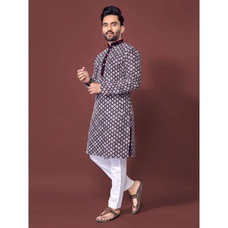 Luxe décontracté islamique arabe Abaya Robe style National imprimé ethnique col montant jeunesse mi-longue chemise manteau hommes musulmans Kurta