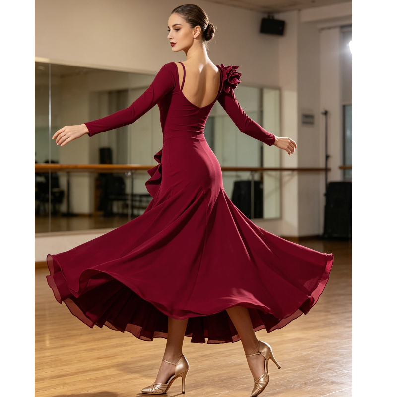 Nouvelle Robe de Danse Moderne pour Femme, Col en Dentelle Feuille de Lotus, Manches Longues Amincissantes, Robe Longue Évasée à Baleines pour la Danse Sociale